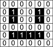 A 5x5 grid with cells containing either ‘1’ or ‘0’, representing a binary image where ‘1’ indicates black pixels and ‘0’ indicates white pixels.