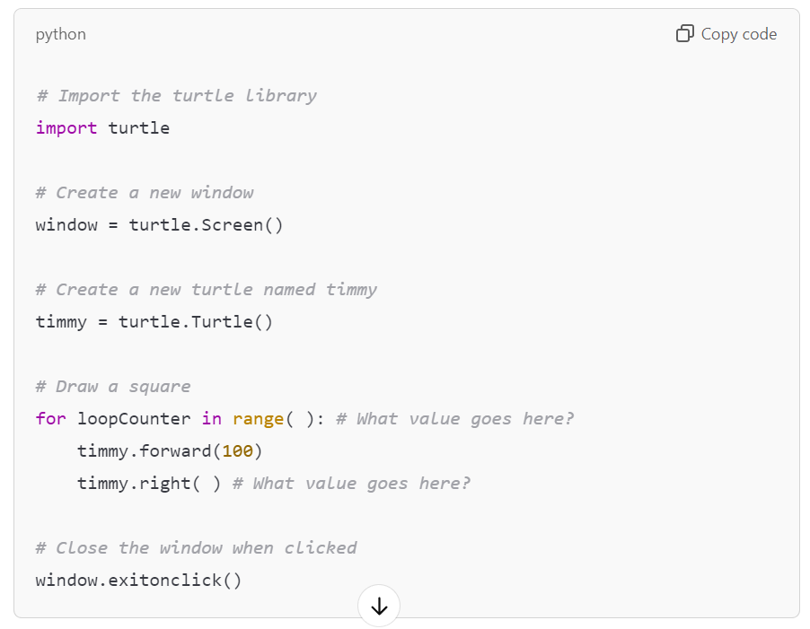 Workd example for a square in python using the turtle library