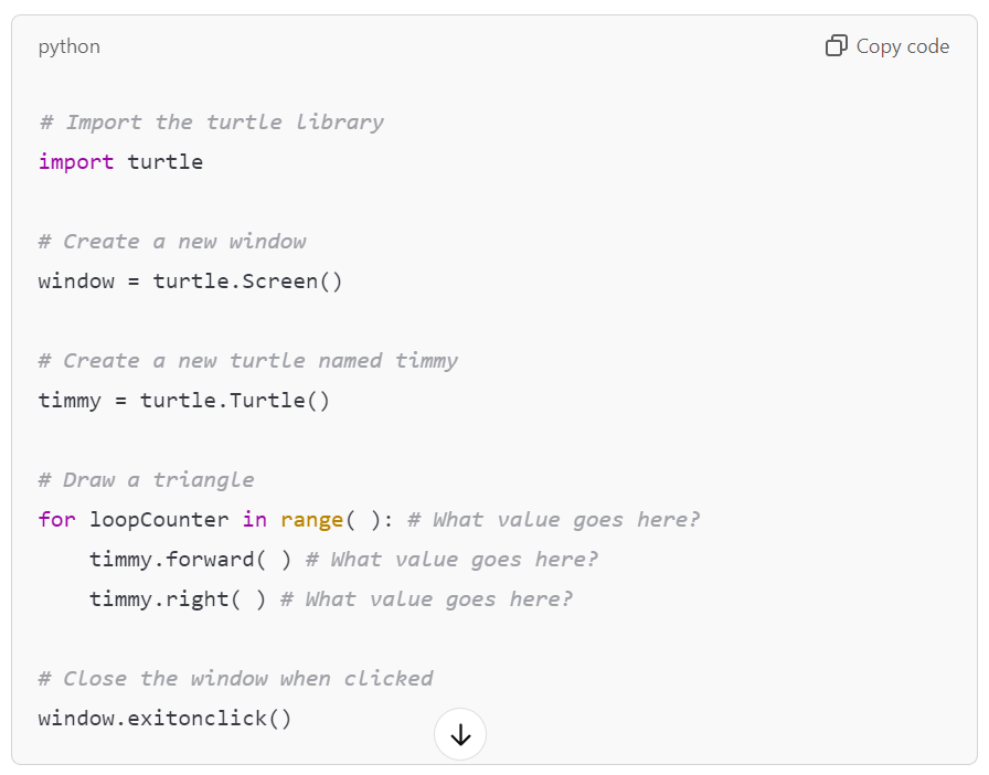 Workd example for a square in python using the turtle library
