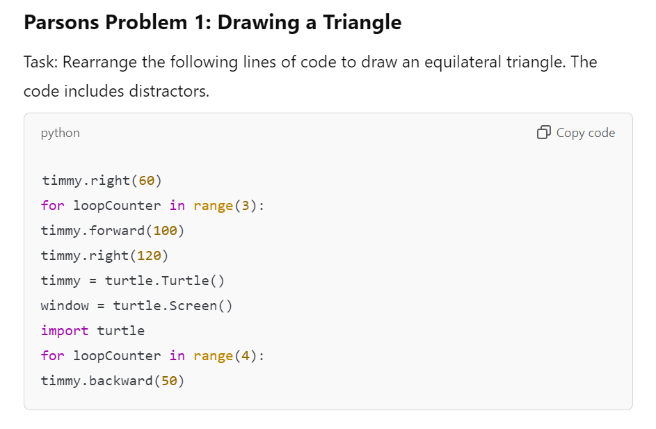 Example parsons problem for a triangle using the turtle library in python