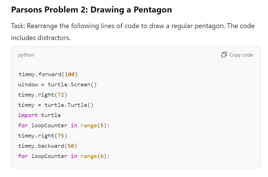 Example parsons problem for a pentagon using the turtle library in python