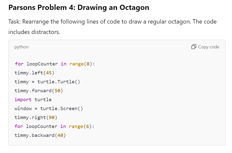 Example parsons problem for a octagon using the turtle library in python